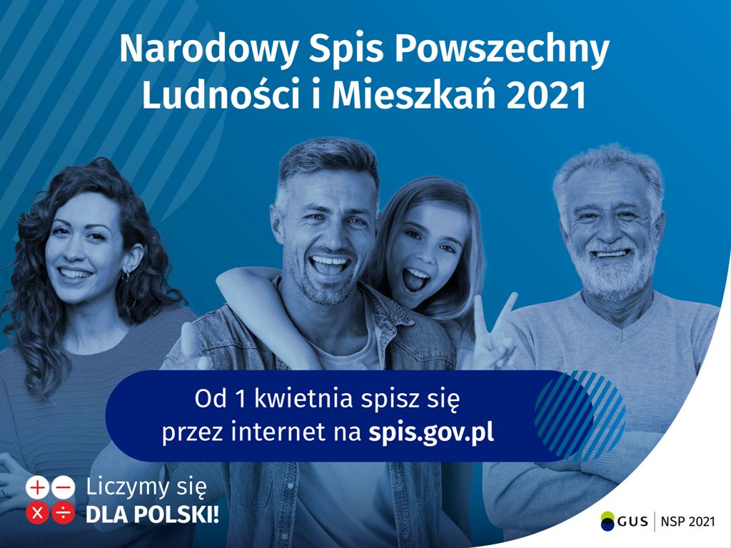 Banner informacyjny o Narodowym Spisie Powszechnym, osoby na niebieskim tle, napis "wejdź na spis.gov.pl i spisz się! Spis trwa od 1 kwietnia",