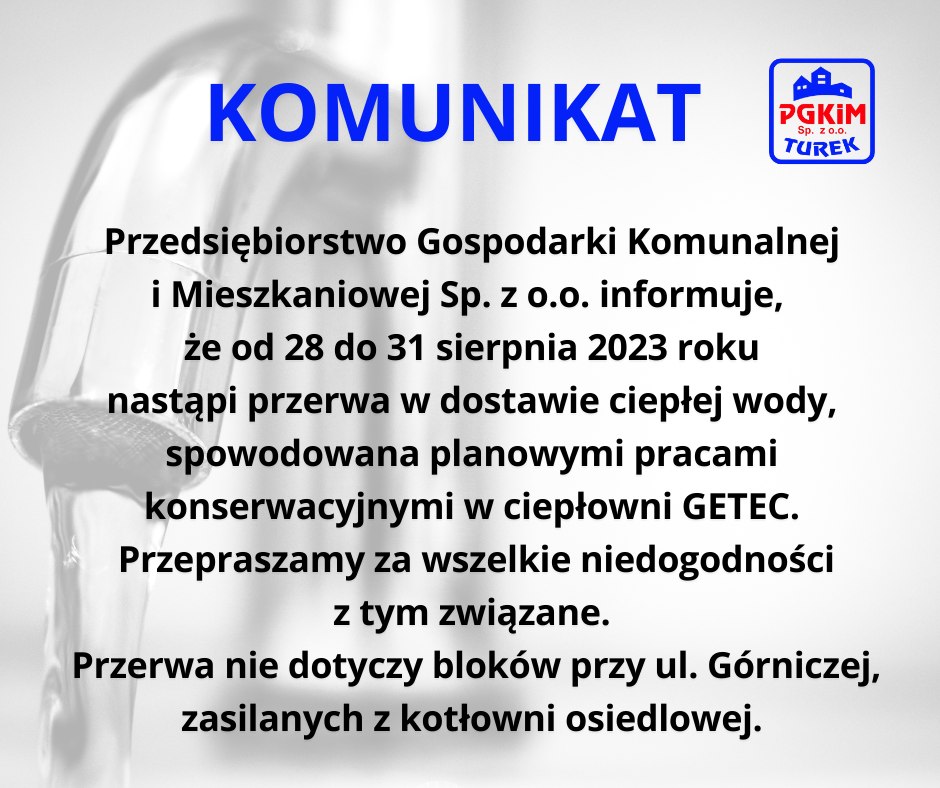 Komunikat w sprawie przerwy w dostawie ciepłej wody