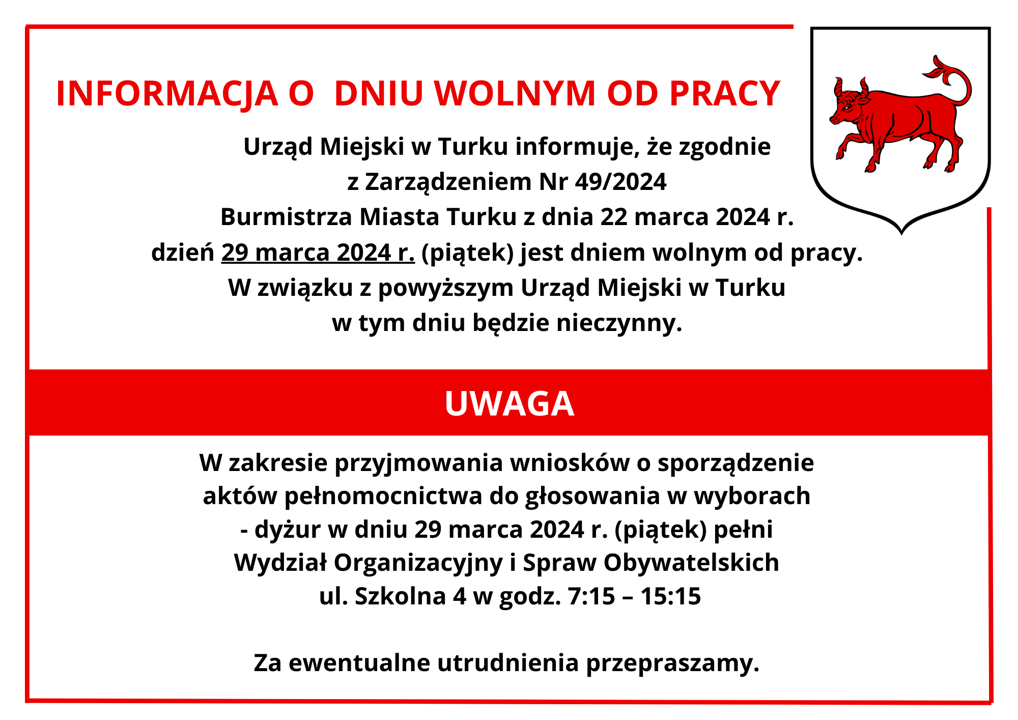 Informacja o dniu wolnym od pracy