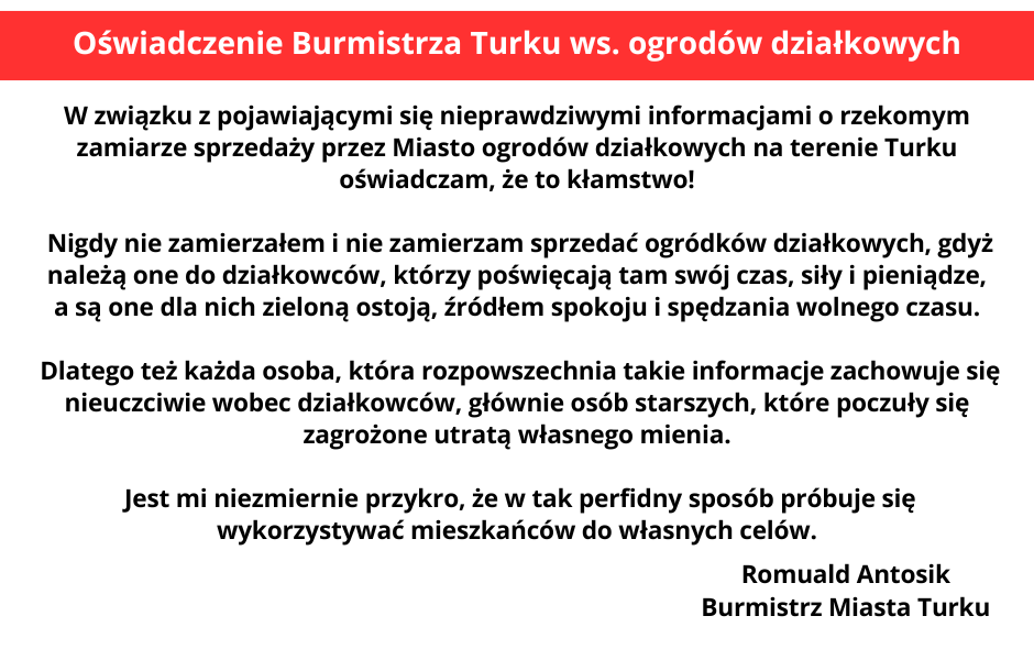 Oświadczenie Burmistrza Turku ws. ogrodów działkowych