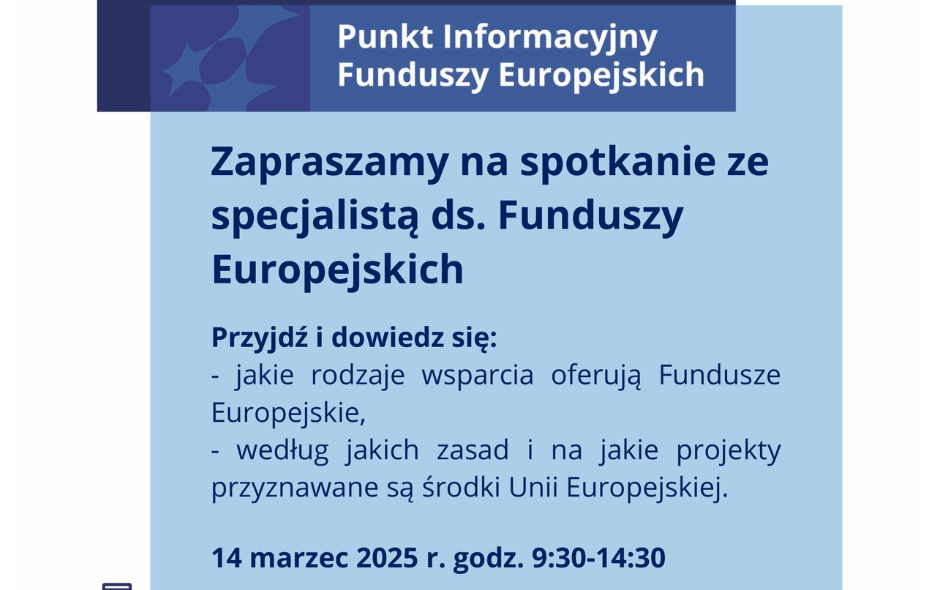 Spotkanie ze specjalistą ds. Funduszy Europejskich