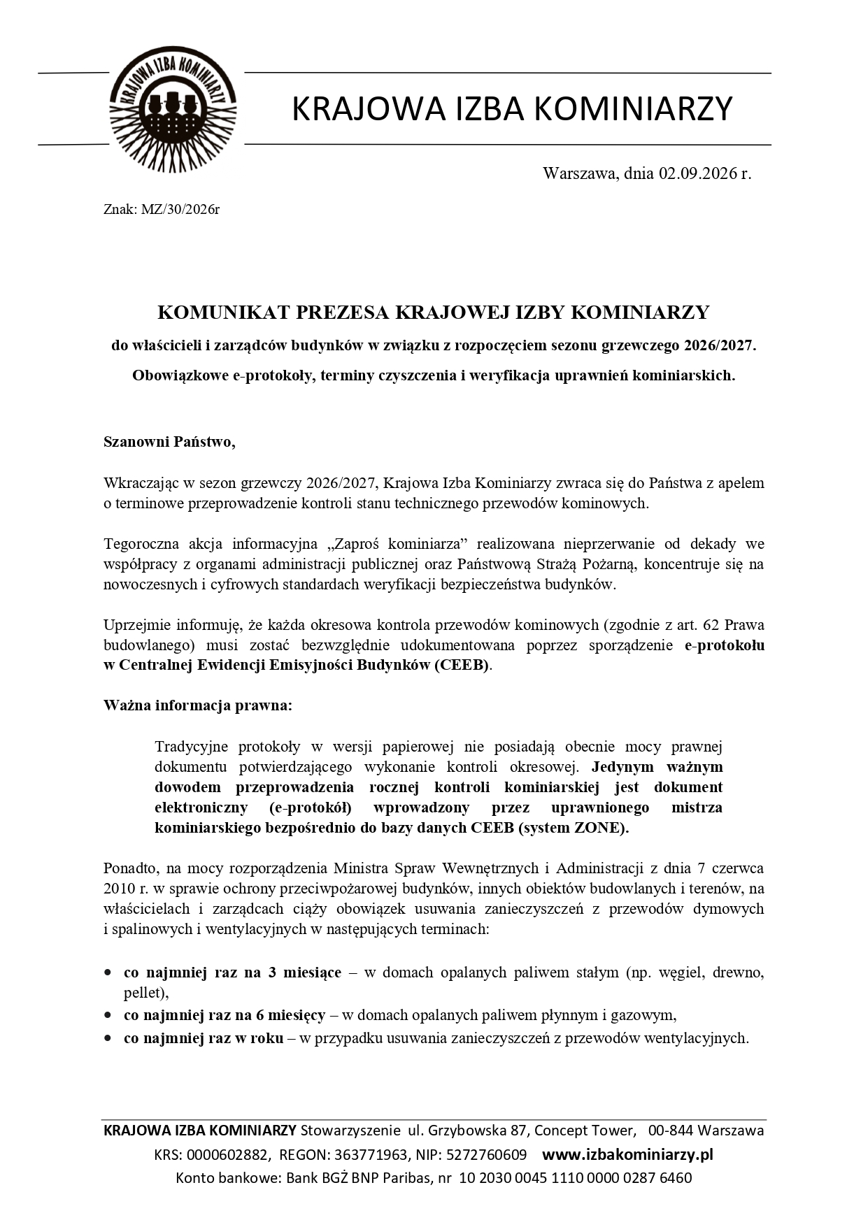 komunikat prezesa krajowej izby kominiarzy 2026 page 0001